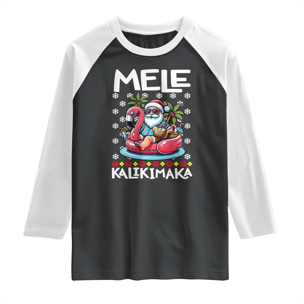 Mele Kalikimaka Hawaiian Christmas Santa Raglan Shirt Palm Tree Beach Tropical Hawaii Xmas