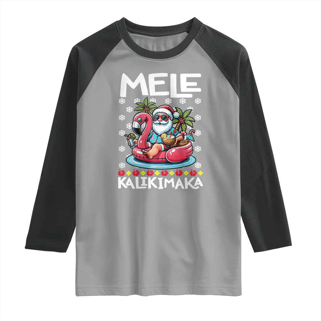 Mele Kalikimaka Hawaiian Christmas Santa Raglan Shirt Palm Tree Beach Tropical Hawaii Xmas