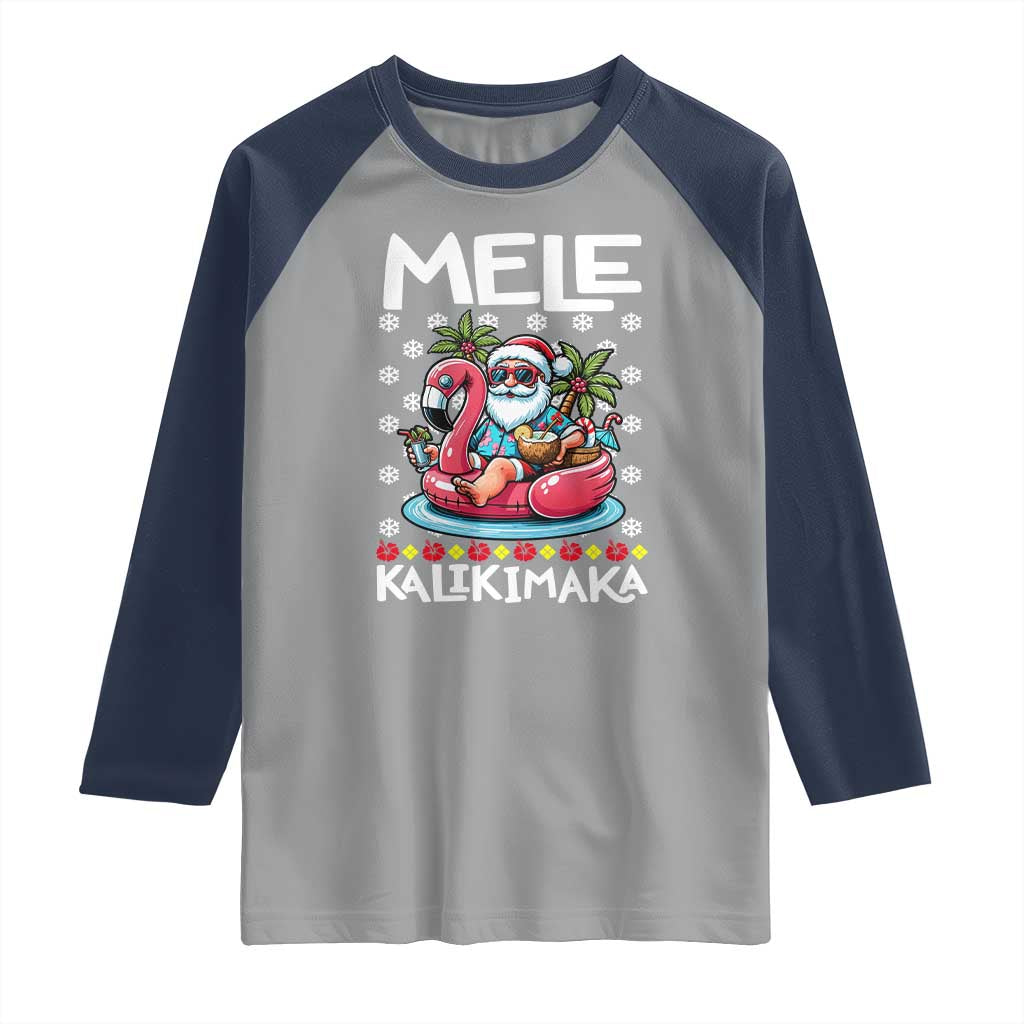 Mele Kalikimaka Hawaiian Christmas Santa Raglan Shirt Palm Tree Beach Tropical Hawaii Xmas