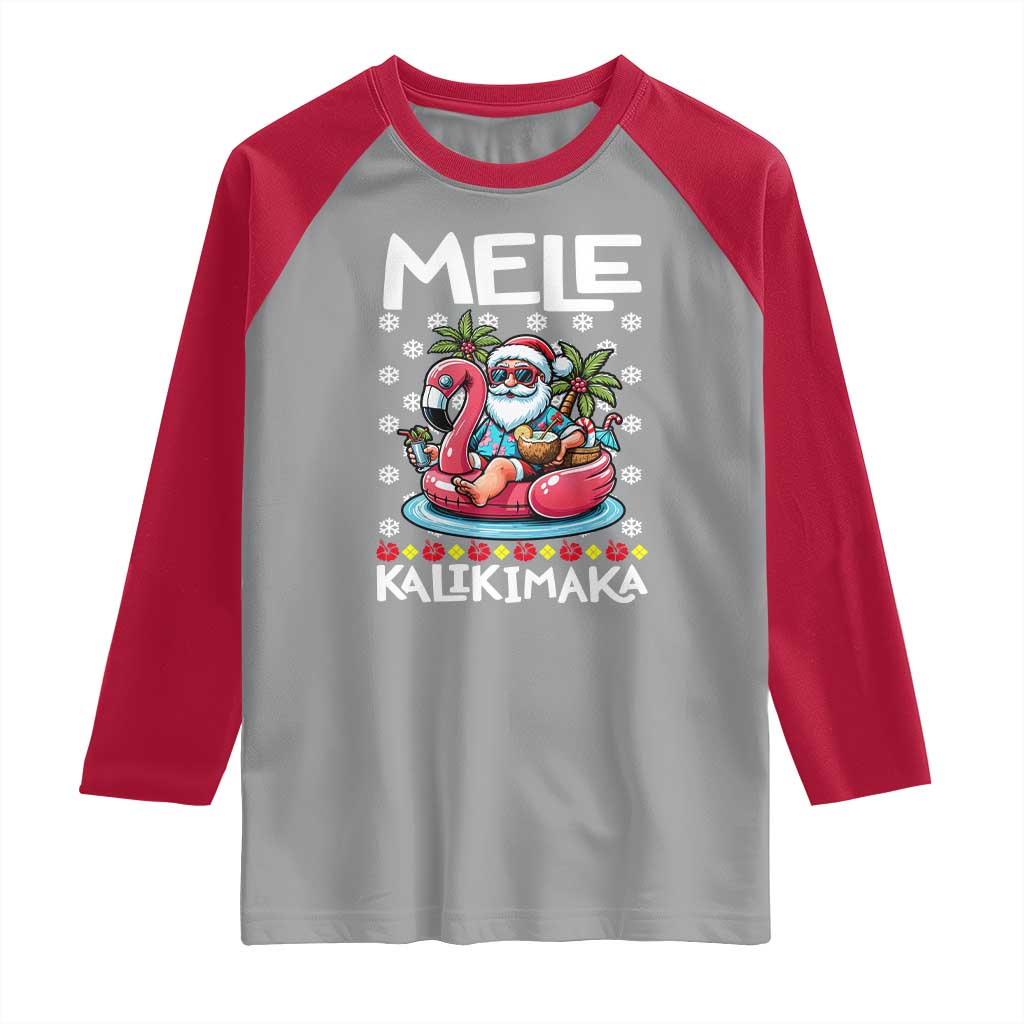 Mele Kalikimaka Hawaiian Christmas Santa Raglan Shirt Palm Tree Beach Tropical Hawaii Xmas