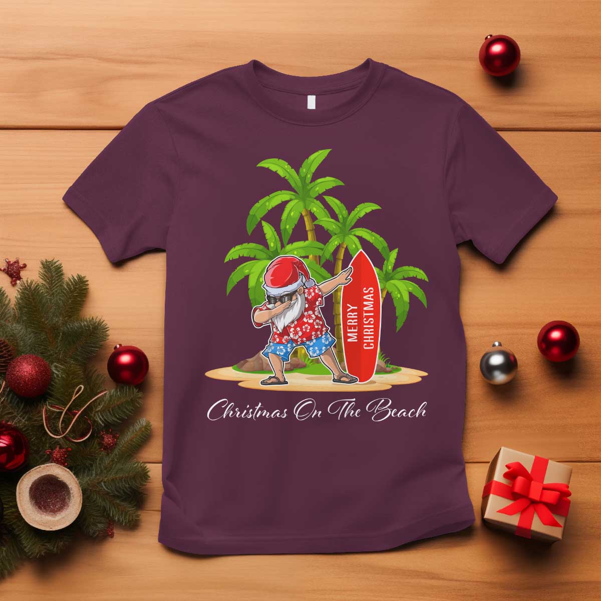 Hawaiian Christmas Santa T Shirt Christmas On The Beach Vacation - Wonder Print Shop