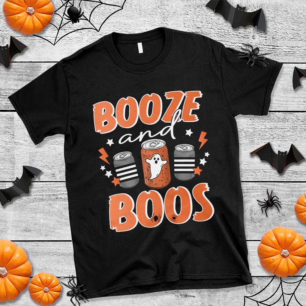 Retro Halloween Booze And Boos T Shirt Halloween Costume Ghost Spooky Season - Wonder Print Shop