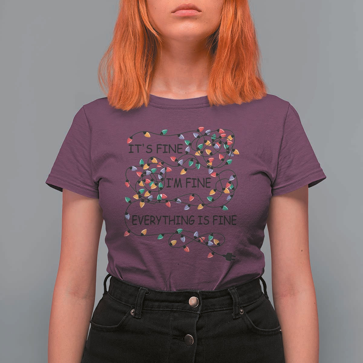 Funny Christmas T Shirt For Women It's Fine I'm Fine Everything Is Fine Xmas Lights - Wonder Print Shop