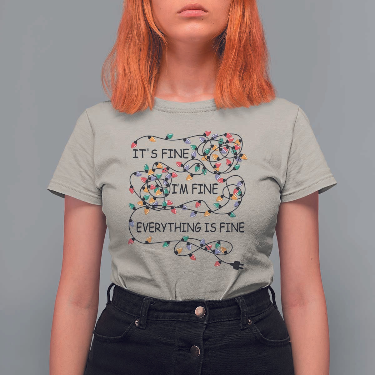 Funny Christmas T Shirt For Women It's Fine I'm Fine Everything Is Fine Xmas Lights - Wonder Print Shop