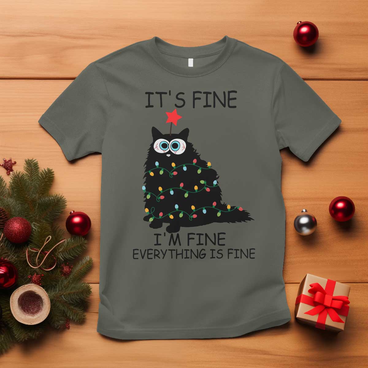 Funny Christmas Cat T Shirt It's Fine I'm Fine Everything Is Fine Meowy Catmas Xmas - Wonder Print Shop