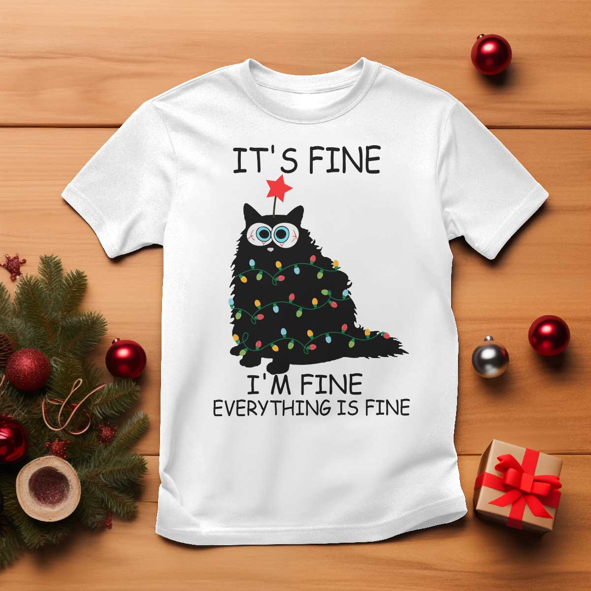 Funny Christmas Cat T Shirt It's Fine I'm Fine Everything Is Fine Meowy Catmas Xmas - Wonder Print Shop