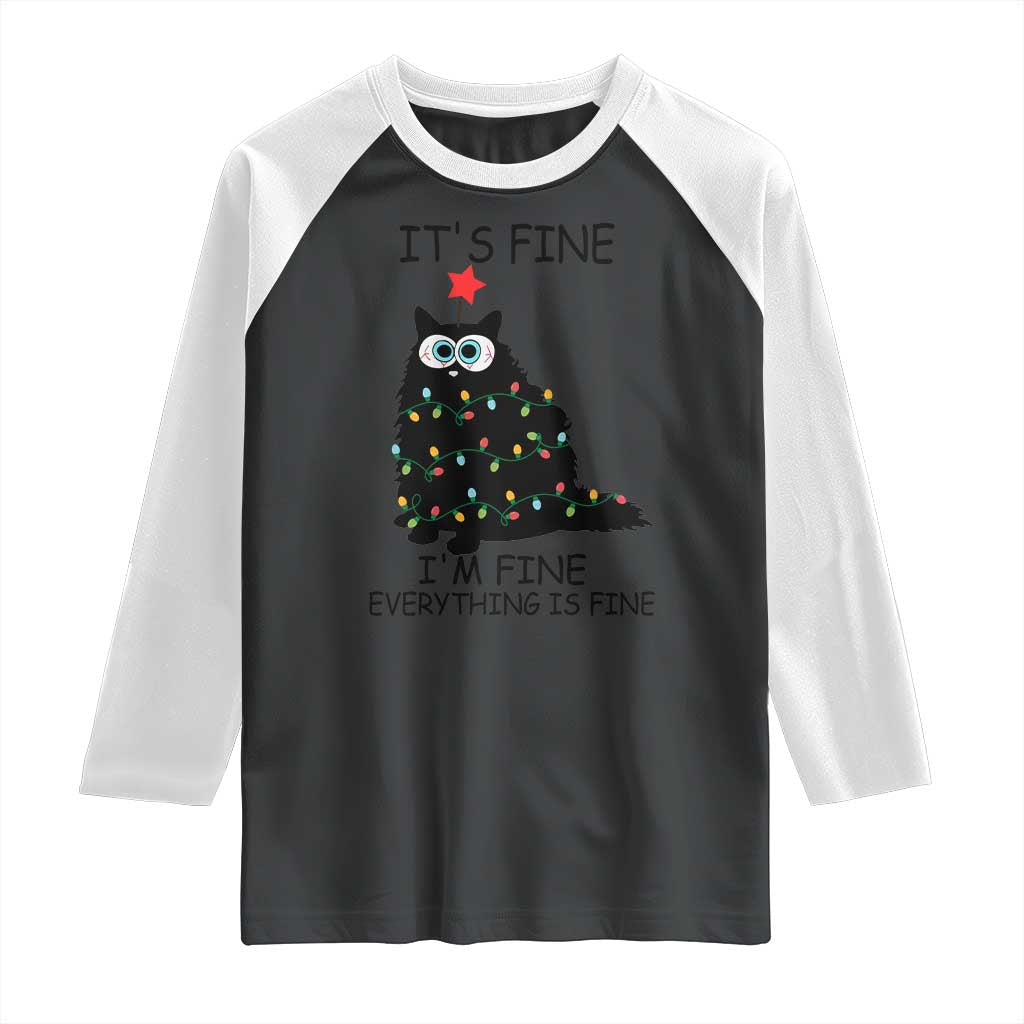 Funny Christmas Cat Raglan Shirt It's Fine I'm Fine Everything Is Fine Meowy Catmas Xmas
