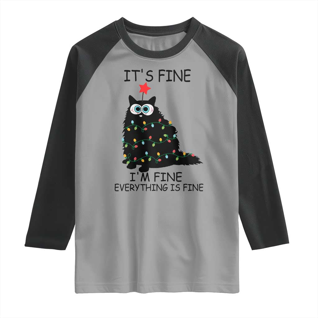 Funny Christmas Cat Raglan Shirt It's Fine I'm Fine Everything Is Fine Meowy Catmas Xmas
