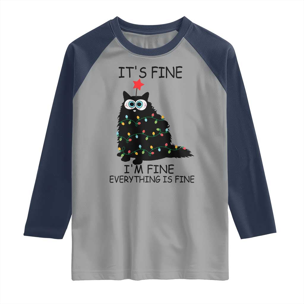 Funny Christmas Cat Raglan Shirt It's Fine I'm Fine Everything Is Fine Meowy Catmas Xmas