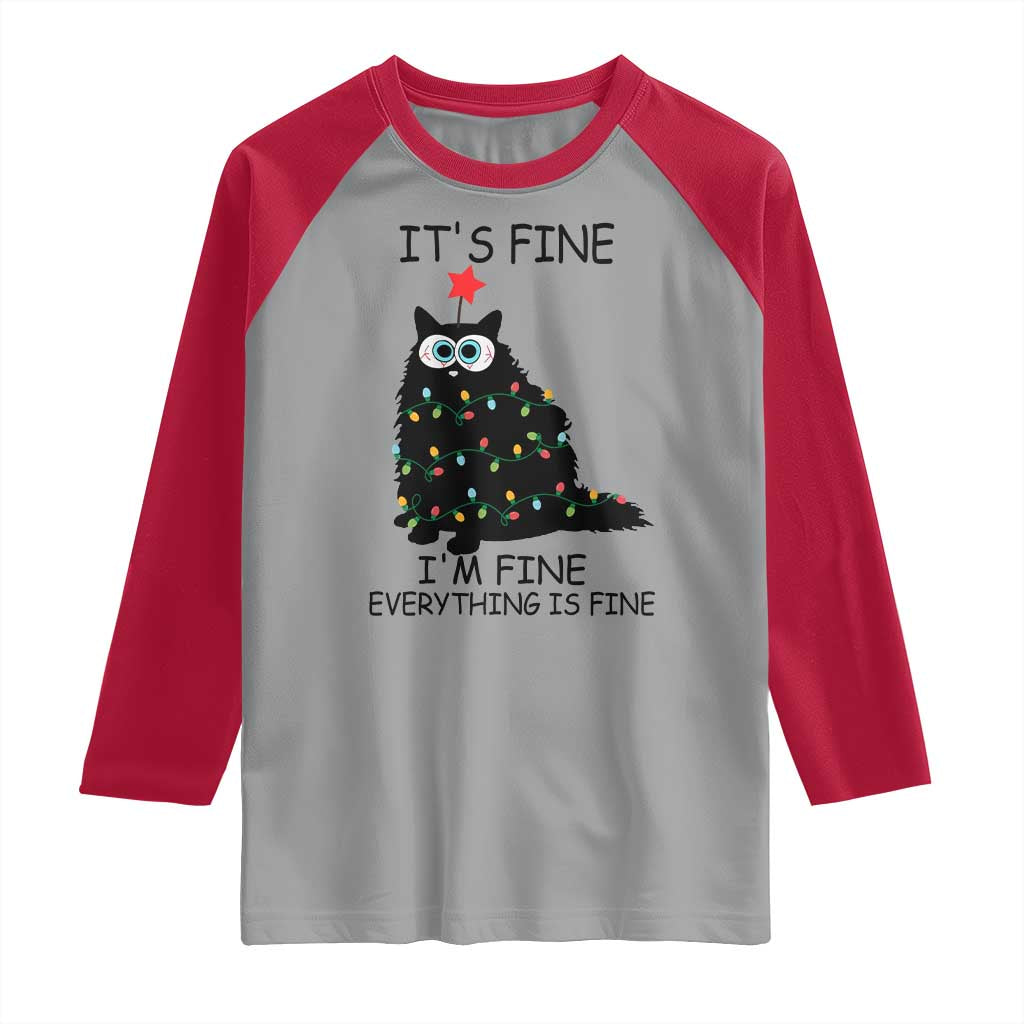 Funny Christmas Cat Raglan Shirt It's Fine I'm Fine Everything Is Fine Meowy Catmas Xmas