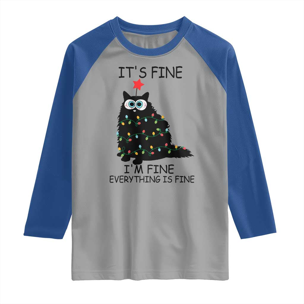 Funny Christmas Cat Raglan Shirt It's Fine I'm Fine Everything Is Fine Meowy Catmas Xmas
