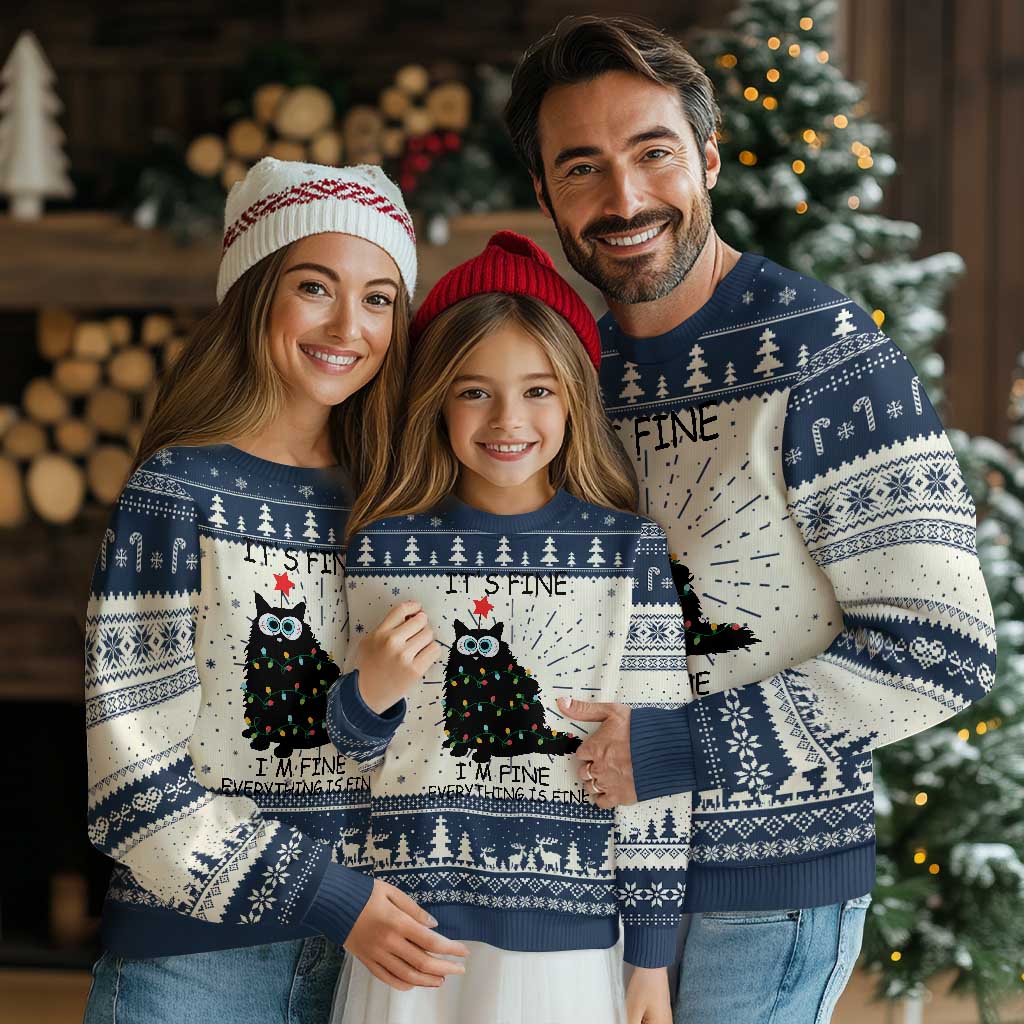 Funny Christmas Cat Ugly Christmas Sweater It's Fine I'm Fine Everything Is Fine Meowy Catmas Xmas - Wonder Print Shop