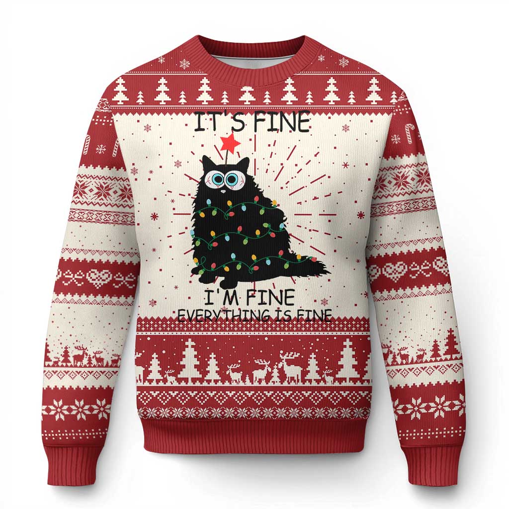 Funny Christmas Cat Ugly Christmas Sweater It's Fine I'm Fine Everything Is Fine Meowy Catmas Xmas - Wonder Print Shop