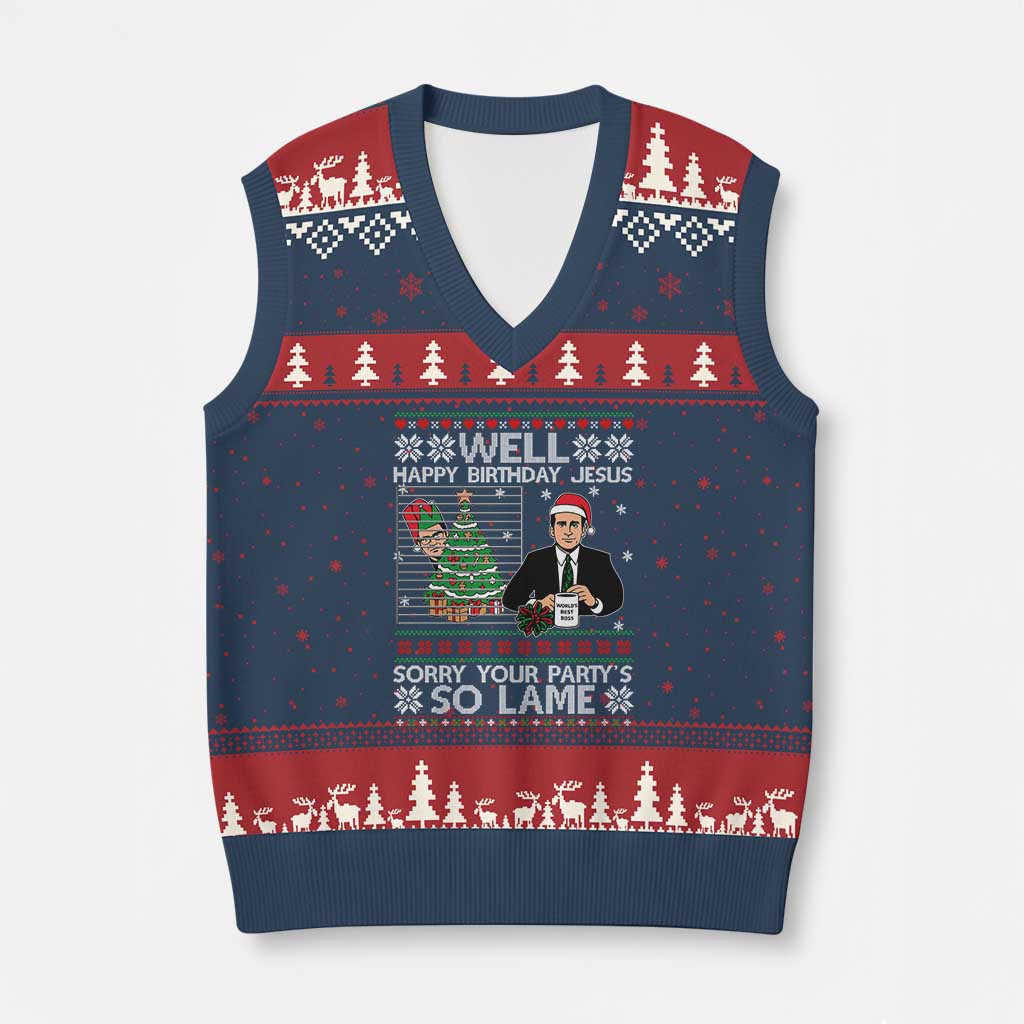 Funny Office Xmas V-Neck Knit Sweater Vest Party Well Happy Birthday Jesus TV Show Ugly Xmas - Wonder Print Shop