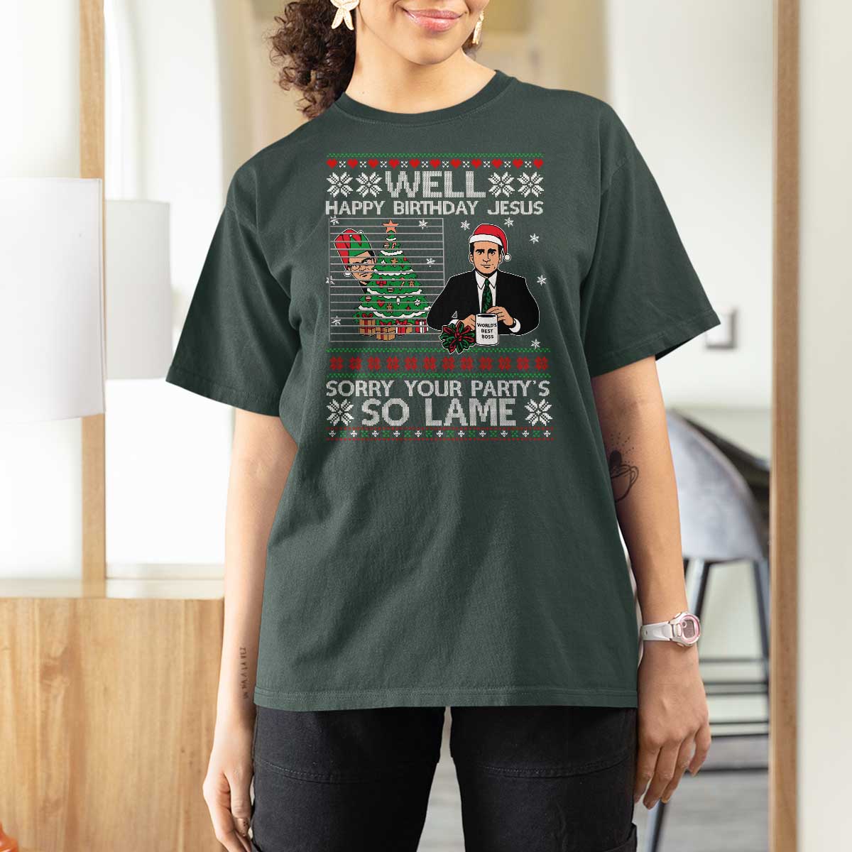Funny Office Christmas T Shirt For Women Party Well Happy Birthday Jesus TV Show Ugly Xmas - Wonder Print Shop