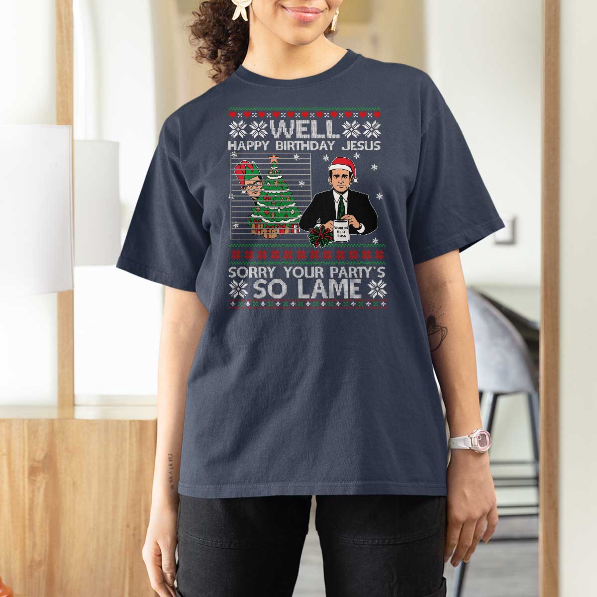 Funny Office Christmas T Shirt For Women Party Well Happy Birthday Jesus TV Show Ugly Xmas - Wonder Print Shop