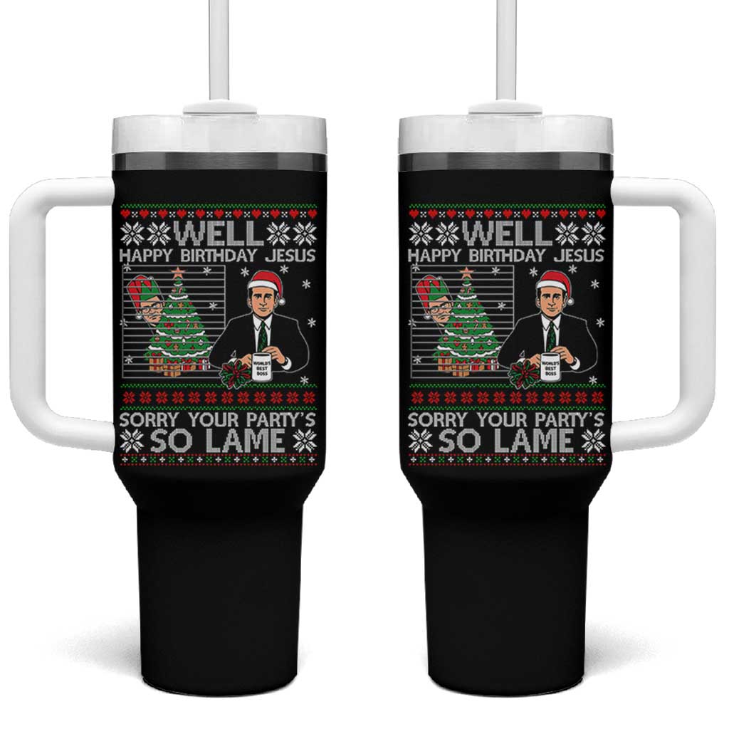 Funny Office Christmas Tumbler With Handle Party Well Happy Birthday Jesus TV Show Ugly Xmas - Wonder Print Shop