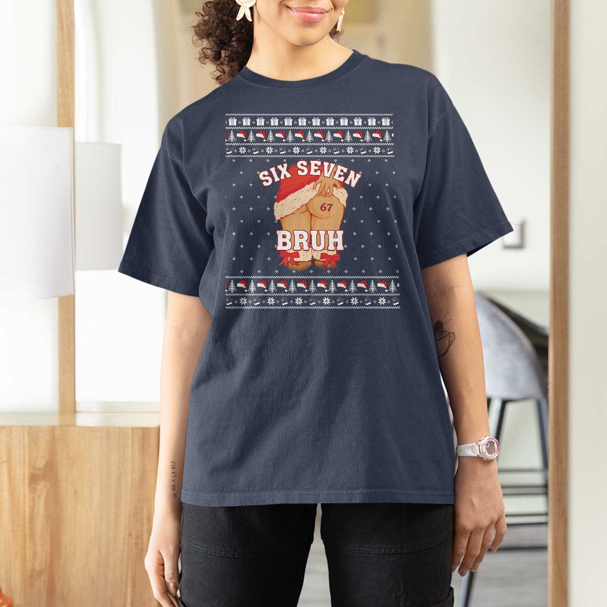 Funny Six Seven 6 7 Meme Ugly Christmas T Shirt For Women Santa 67 Meme Xmas Pajamas - Wonder Print Shop