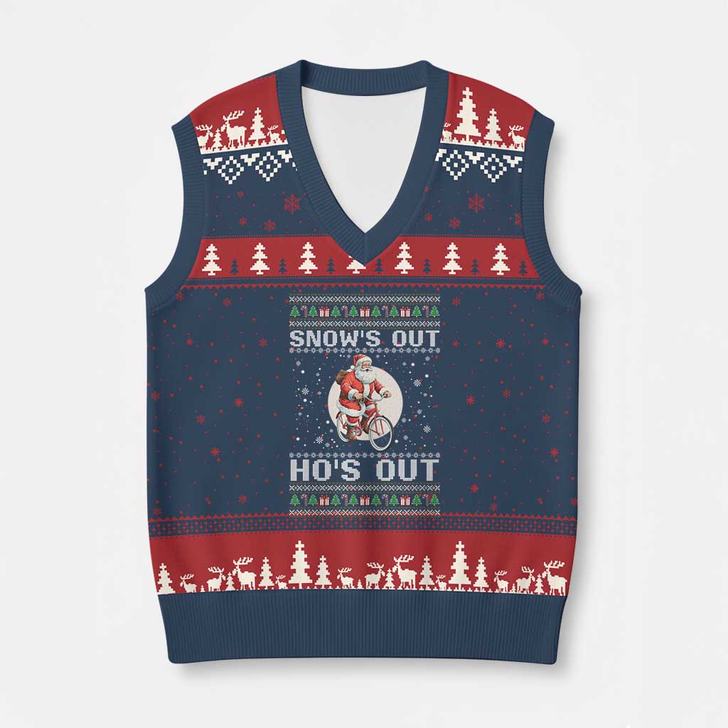 Funny Santa Xmas V-Neck Knit Sweater Vest Snows Out Hos Out Ugly Xmas - Wonder Print Shop