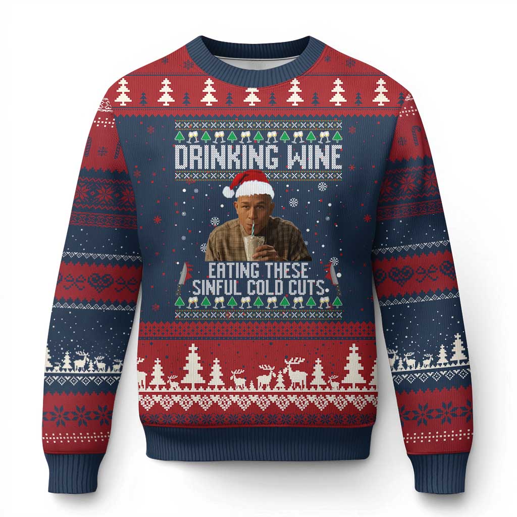 Charlie Hunnam Ed Gein Ugly Xmas Ugly Christmas Sweater Funny Drinking Wine Eating These Sinful Cold Cuts - Wonder Print Shop