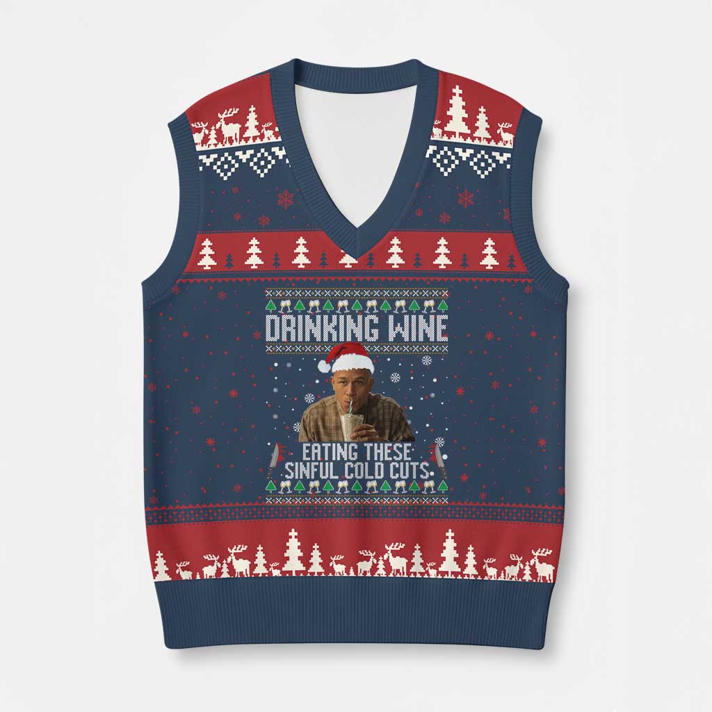 Charlie Hunnam Ed Gein Ugly Xmas V-Neck Knit Sweater Vest Funny Drinking Wine Eating These Sinful Cold Cuts - Wonder Print Shop