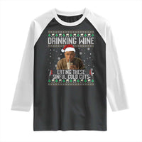 Charlie Hunnam Ed Gein Ugly Christmas Raglan Shirt Funny Drinking Wine Eating These Sinful Cold Cuts - Wonder Print Shop