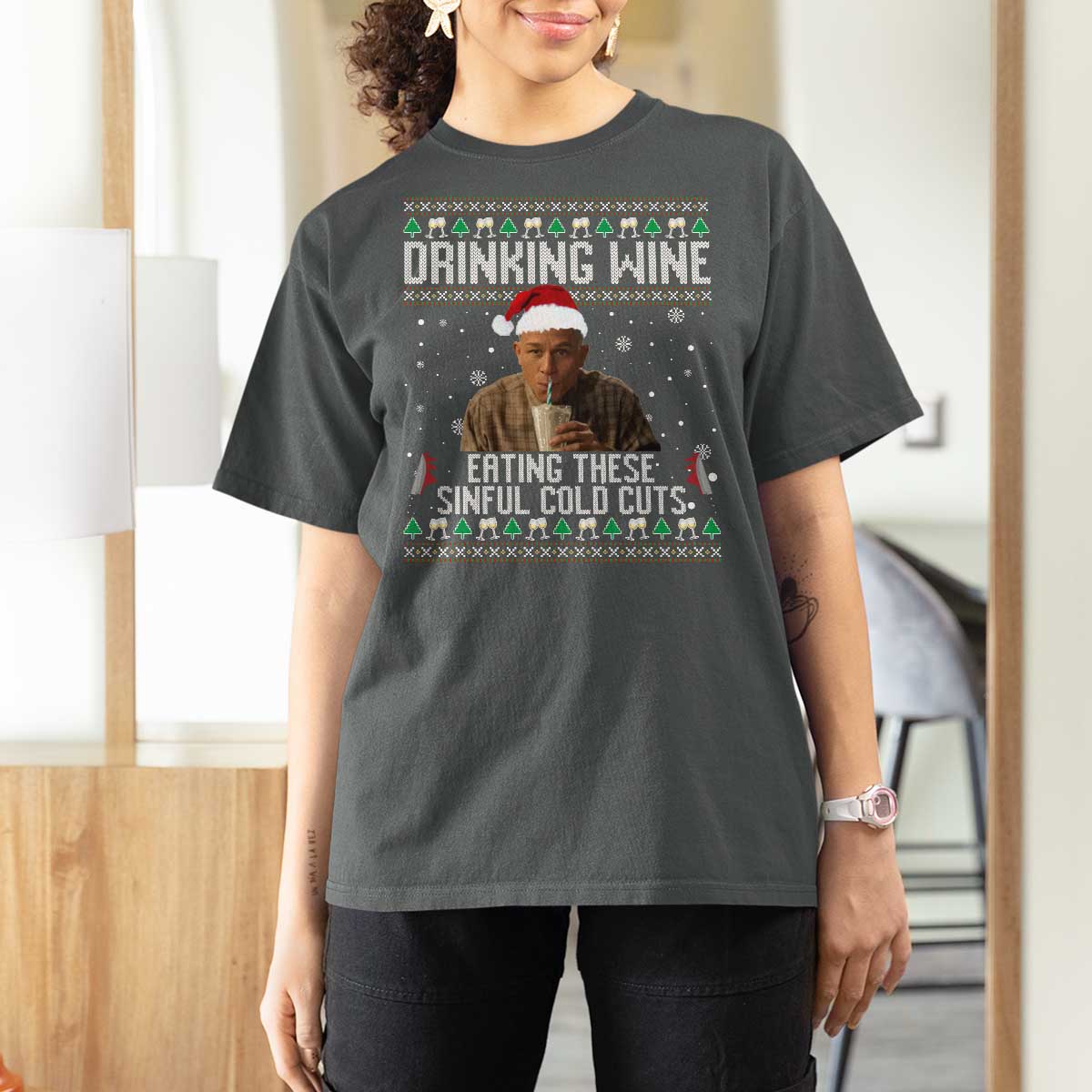 Charlie Hunnam Ed Gein Ugly Christmas T Shirt For Women Funny Drinking Wine Eating These Sinful Cold Cuts - Wonder Print Shop