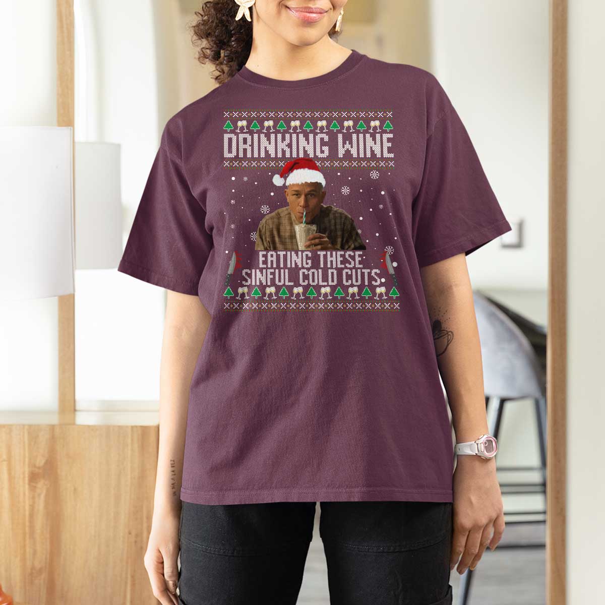 Charlie Hunnam Ed Gein Ugly Christmas T Shirt For Women Funny Drinking Wine Eating These Sinful Cold Cuts - Wonder Print Shop
