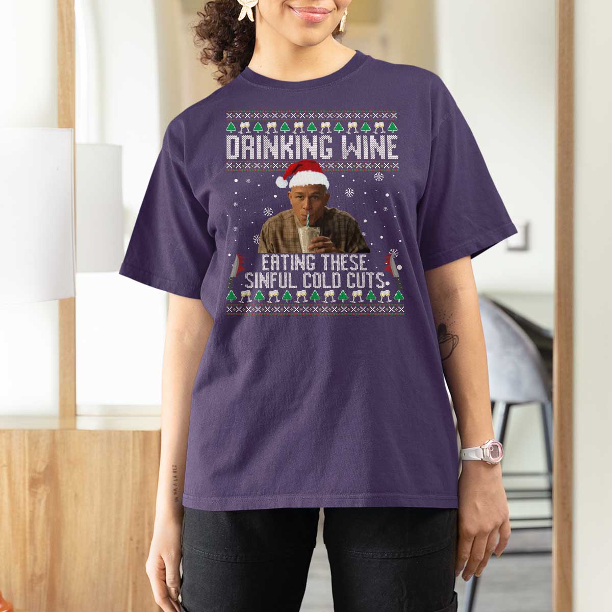 Charlie Hunnam Ed Gein Ugly Christmas T Shirt For Women Funny Drinking Wine Eating These Sinful Cold Cuts - Wonder Print Shop
