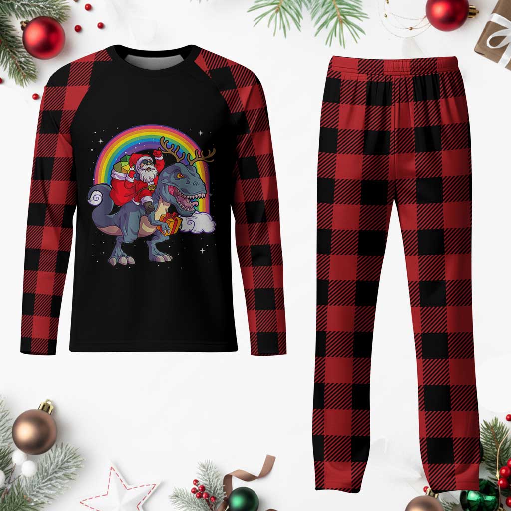 Xmas Santa Riding Dinosaur Deer Xmas Plaid Pajama Set - Wonder Print Shop