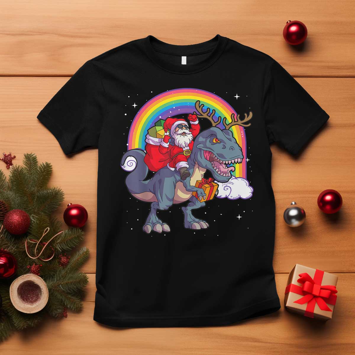 Christmas Santa Riding Dinosaur Deer Xmas T Shirt - Wonder Print Shop