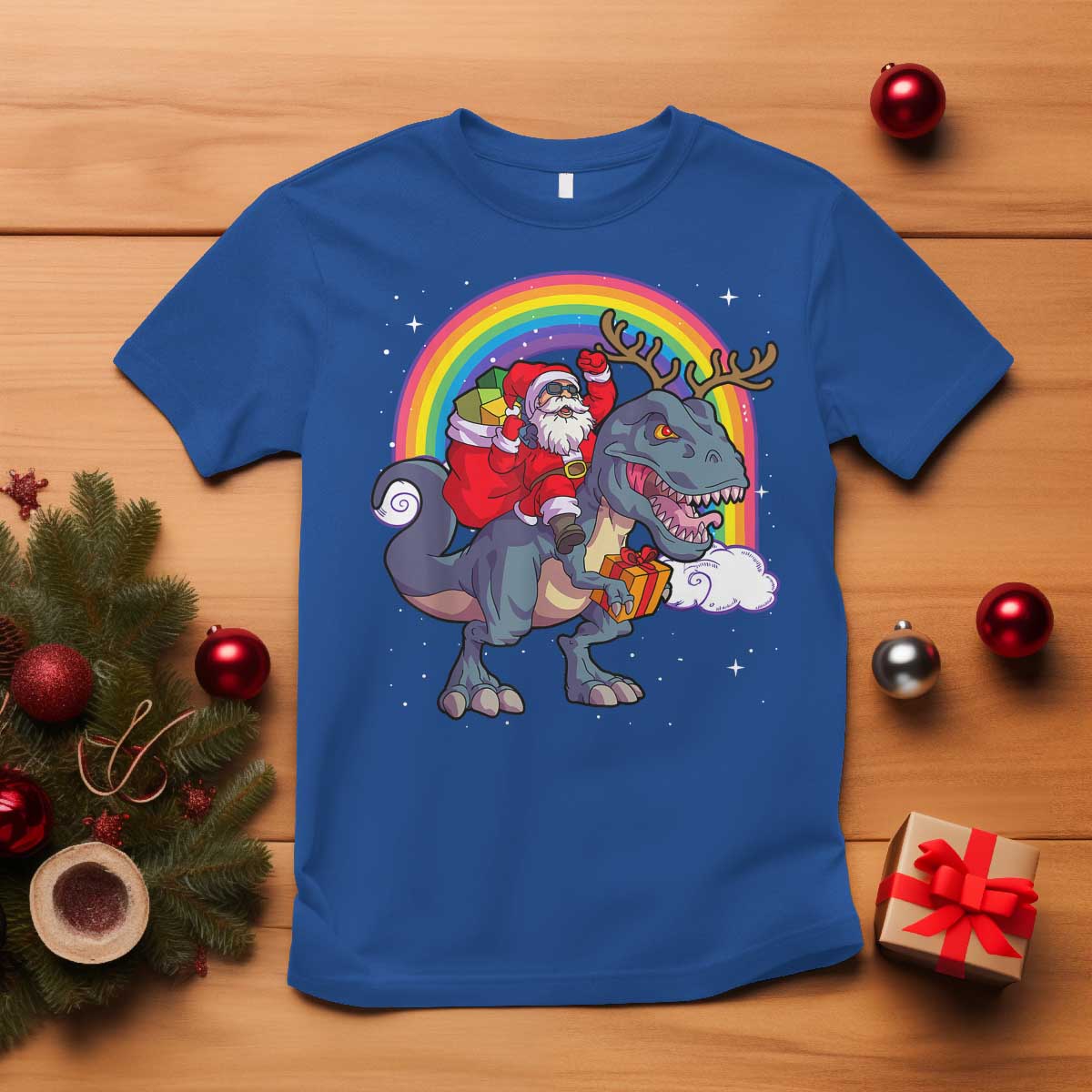 Christmas Santa Riding Dinosaur Deer Xmas T Shirt - Wonder Print Shop
