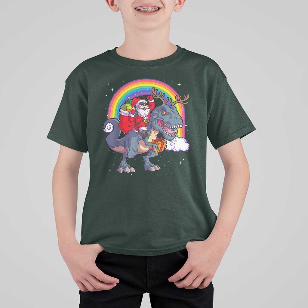 Christmas Santa Riding Dinosaur Deer Xmas T Shirt For Kid - Wonder Print Shop