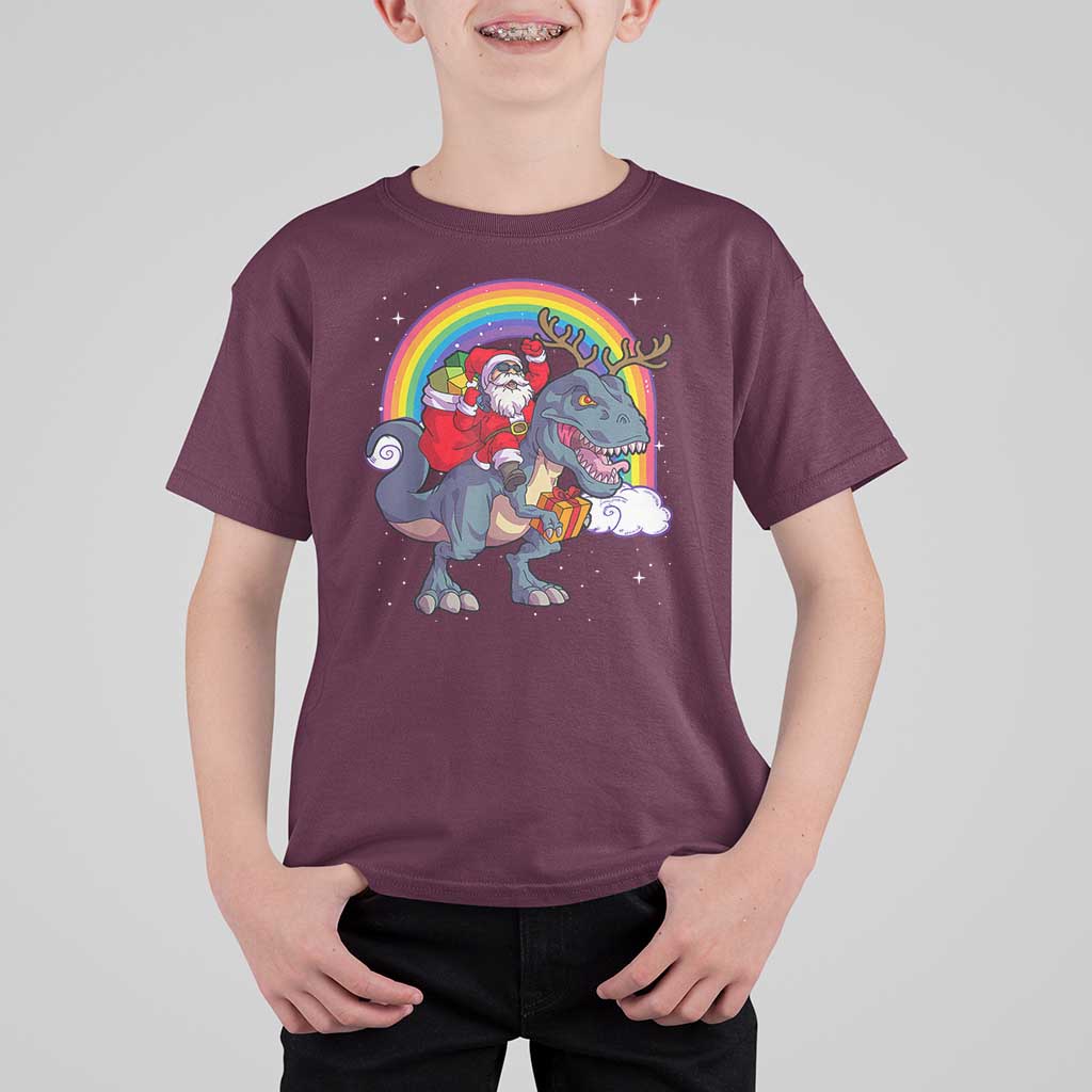 Christmas Santa Riding Dinosaur Deer Xmas T Shirt For Kid - Wonder Print Shop