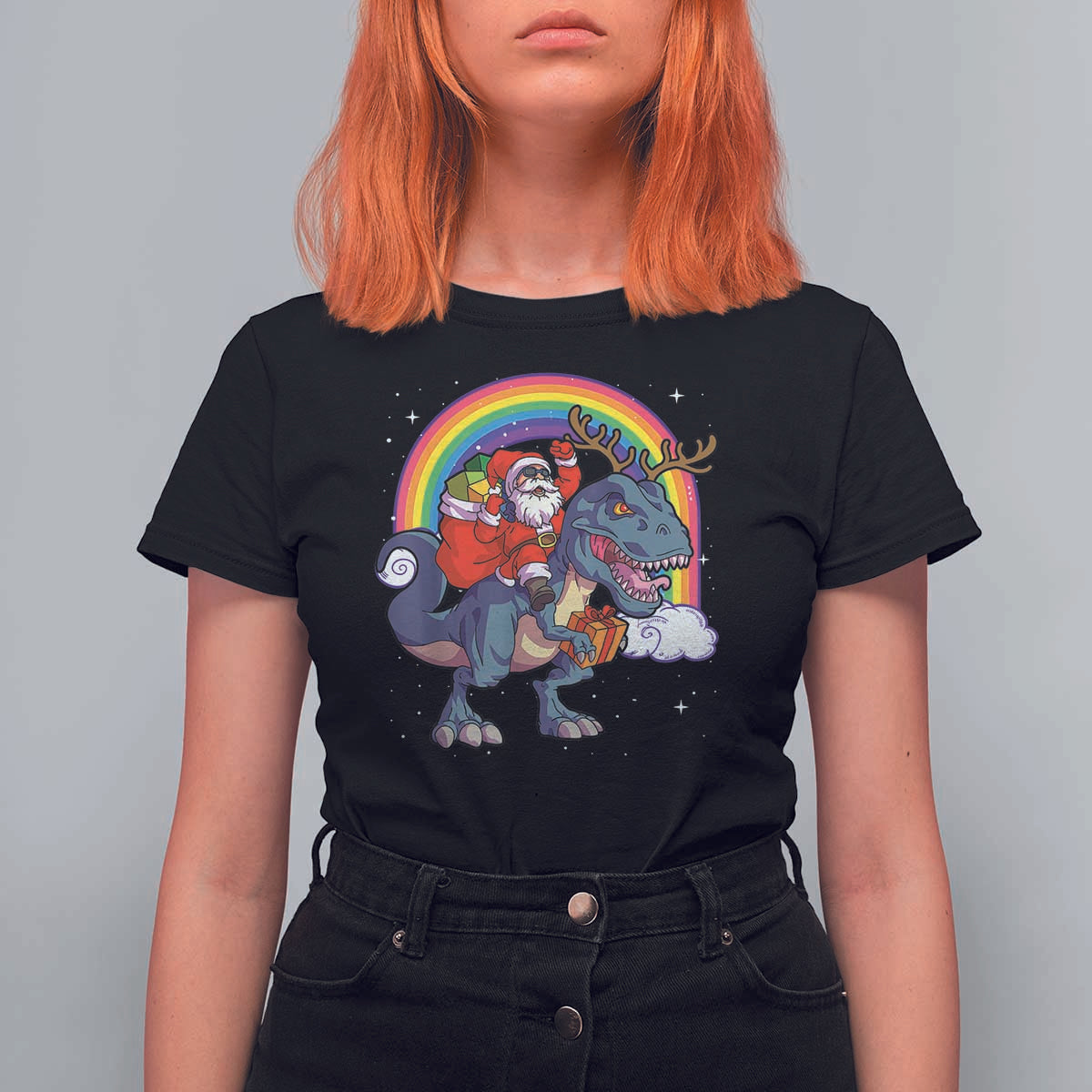 Christmas Santa Riding Dinosaur Deer Xmas T Shirt For Women - Wonder Print Shop