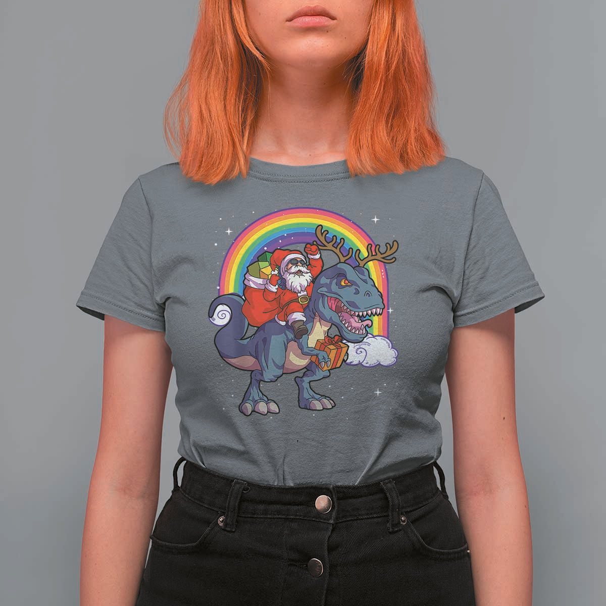 Christmas Santa Riding Dinosaur Deer Xmas T Shirt For Women - Wonder Print Shop