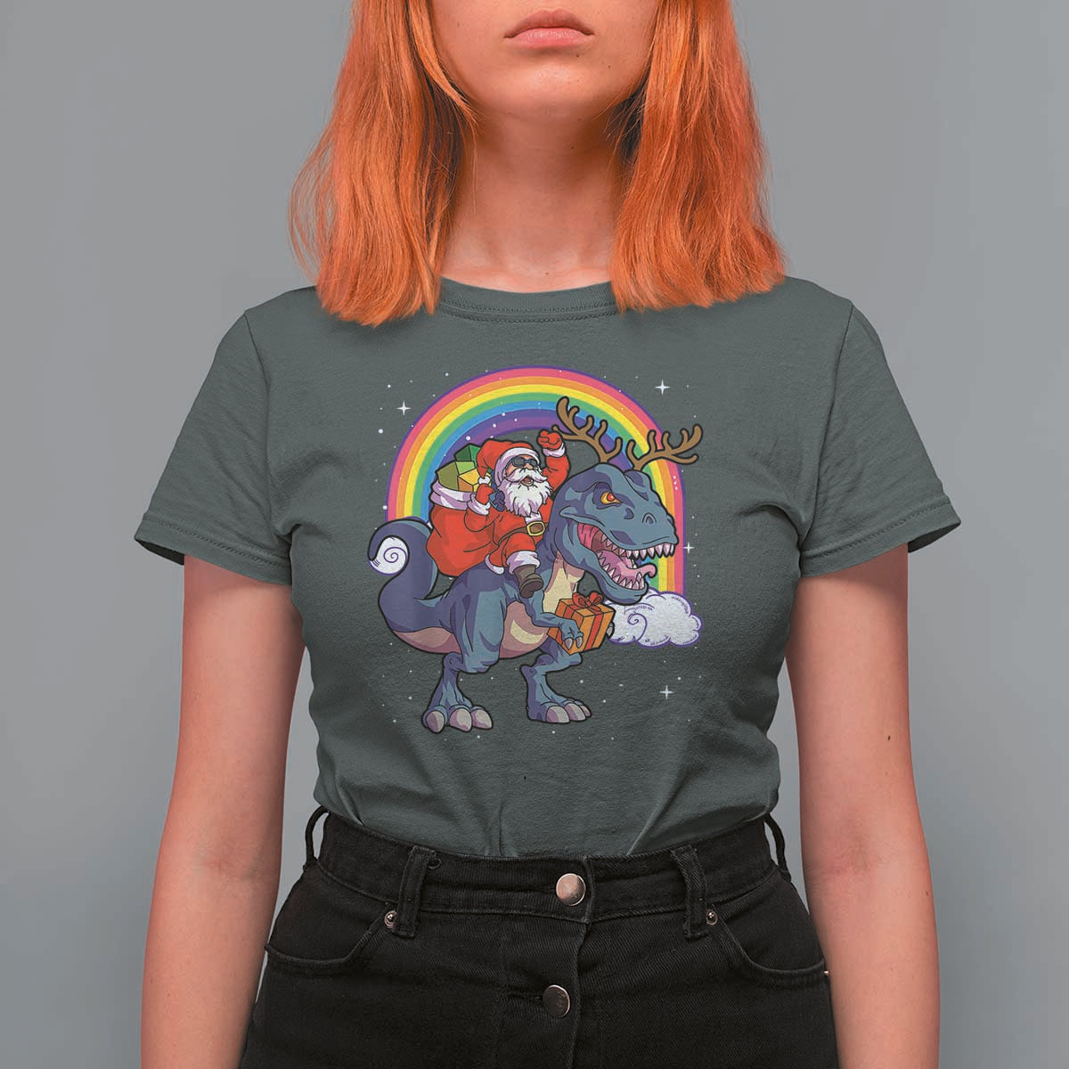 Christmas Santa Riding Dinosaur Deer Xmas T Shirt For Women - Wonder Print Shop