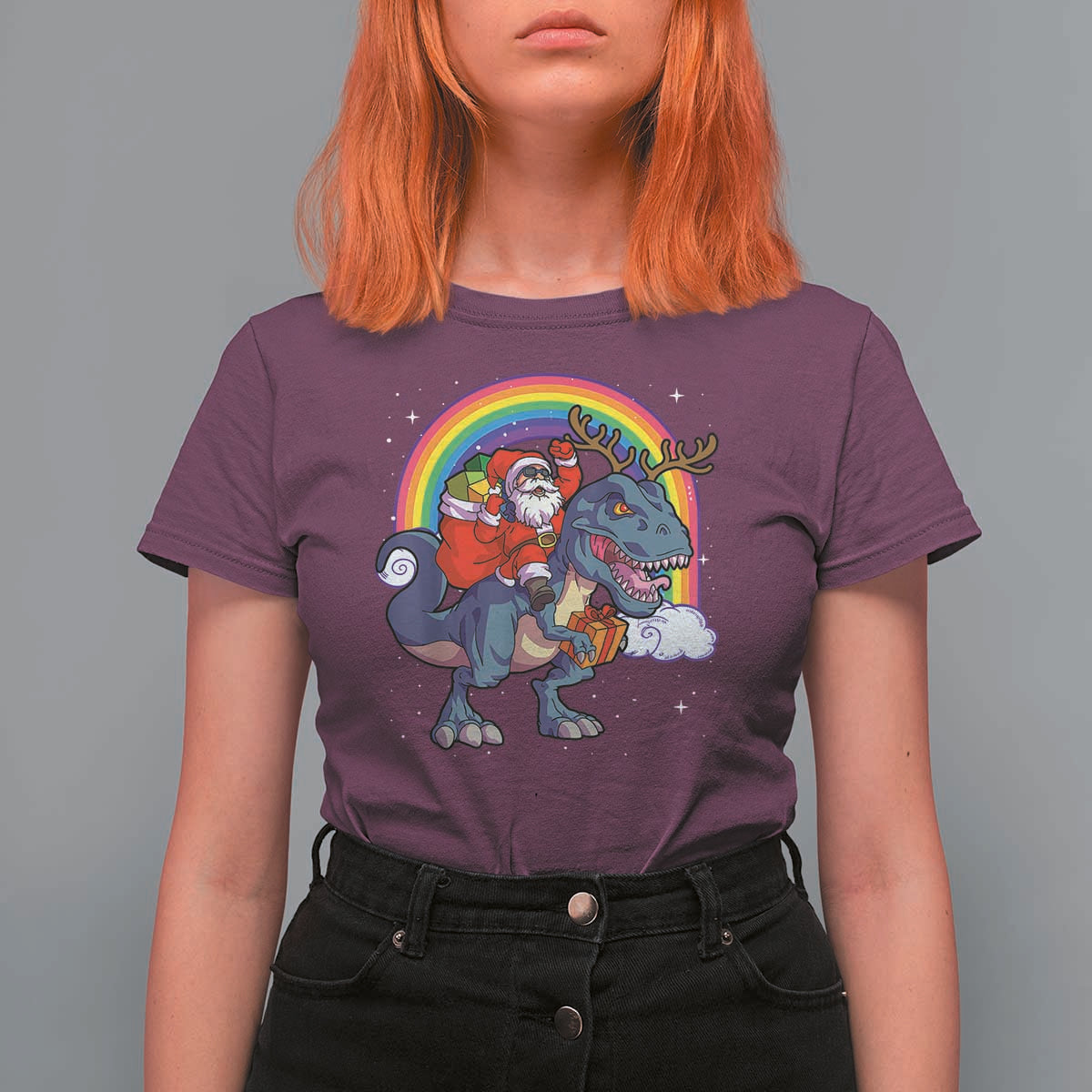 Christmas Santa Riding Dinosaur Deer Xmas T Shirt For Women - Wonder Print Shop