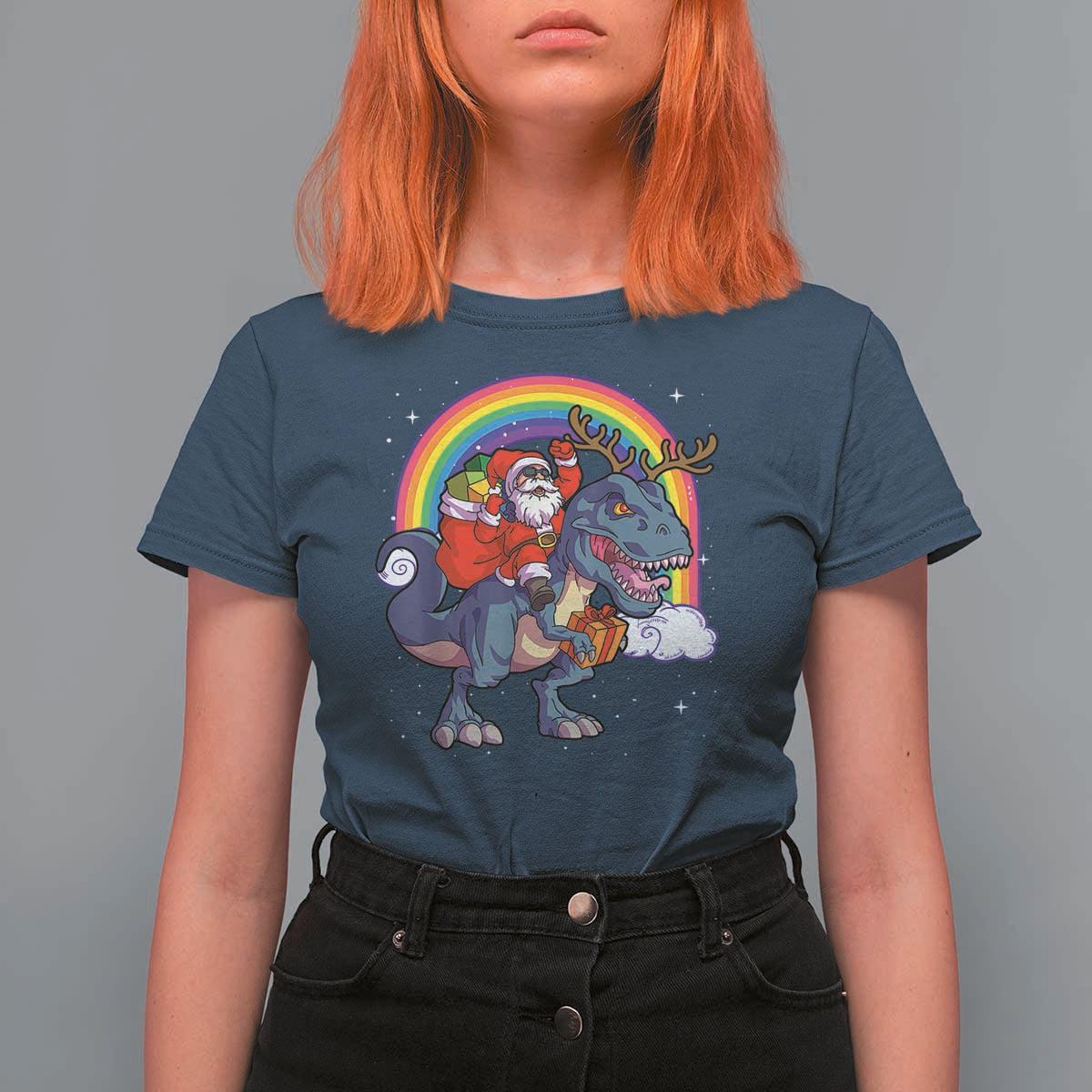 Christmas Santa Riding Dinosaur Deer Xmas T Shirt For Women - Wonder Print Shop