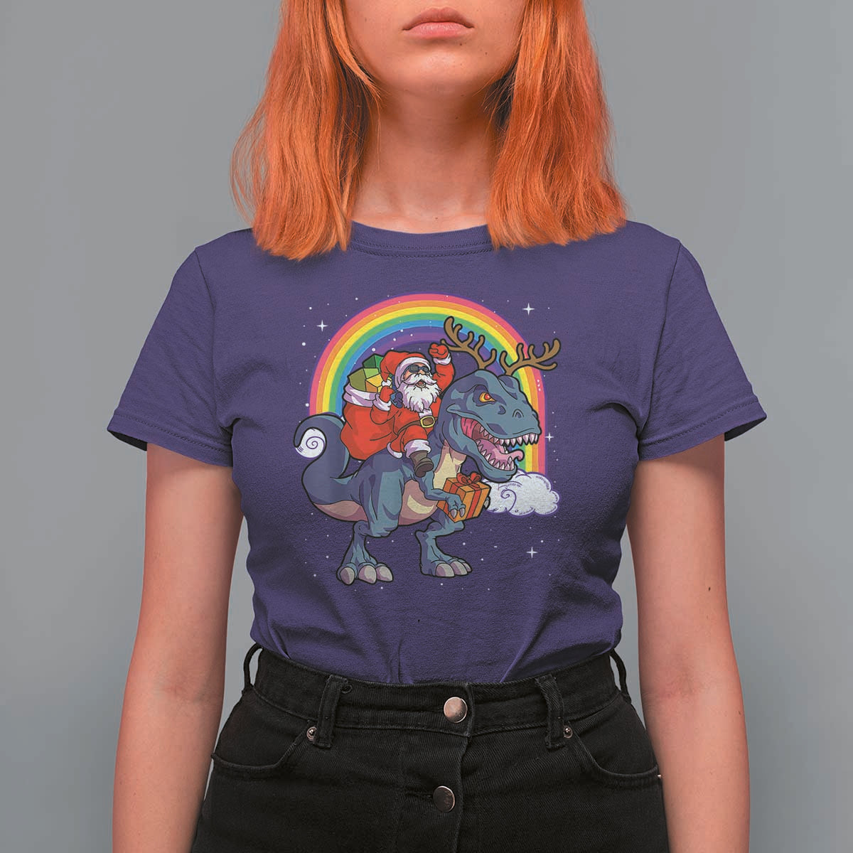 Christmas Santa Riding Dinosaur Deer Xmas T Shirt For Women - Wonder Print Shop