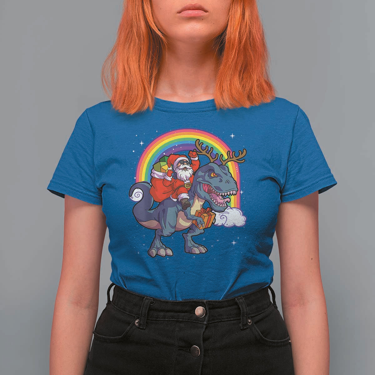 Christmas Santa Riding Dinosaur Deer Xmas T Shirt For Women - Wonder Print Shop