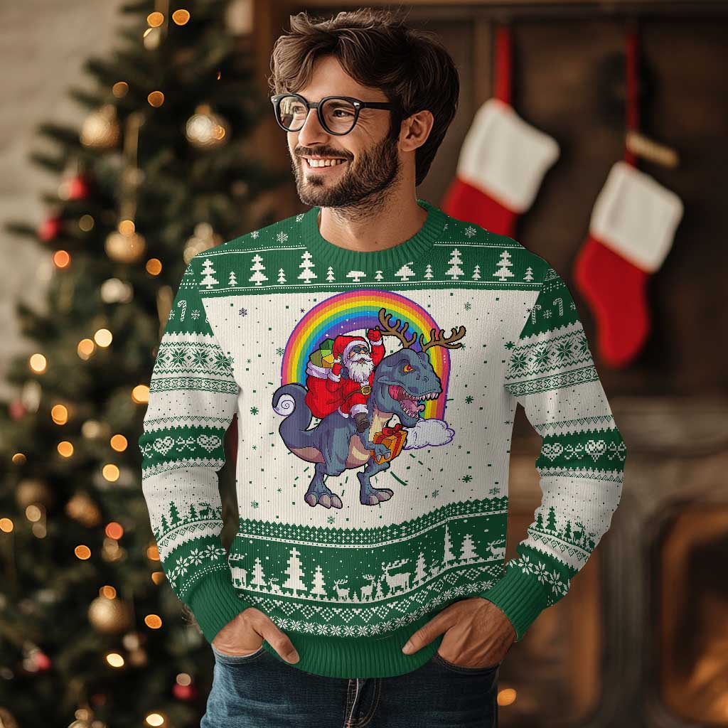 Xmas Santa Riding Dinosaur Deer Xmas Ugly Christmas Sweater - Wonder Print Shop