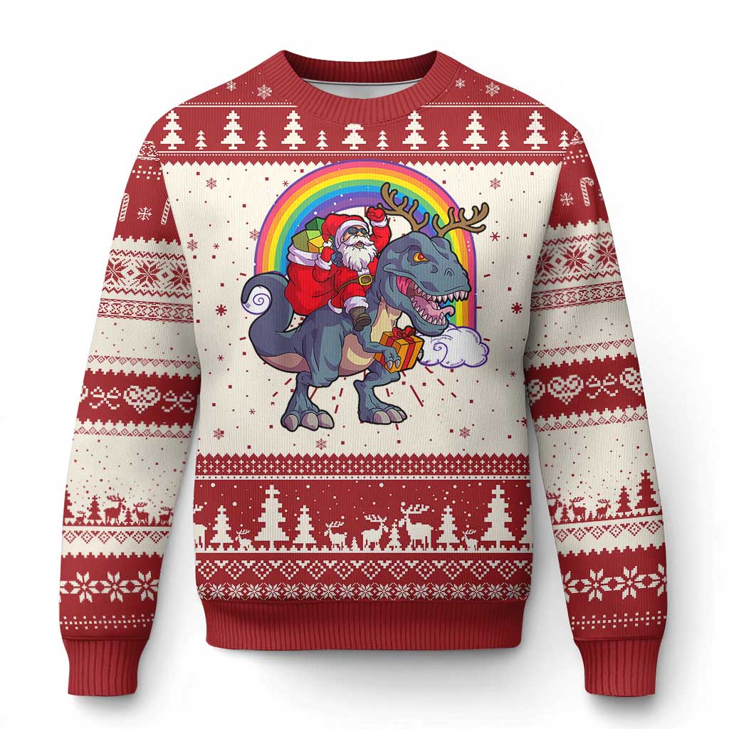 Xmas Santa Riding Dinosaur Deer Xmas Ugly Christmas Sweater - Wonder Print Shop