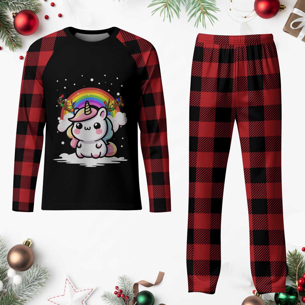 Unicorn Xmas Plaid Pajama Set Cute Xmas Girls Rainbow - Wonder Print Shop