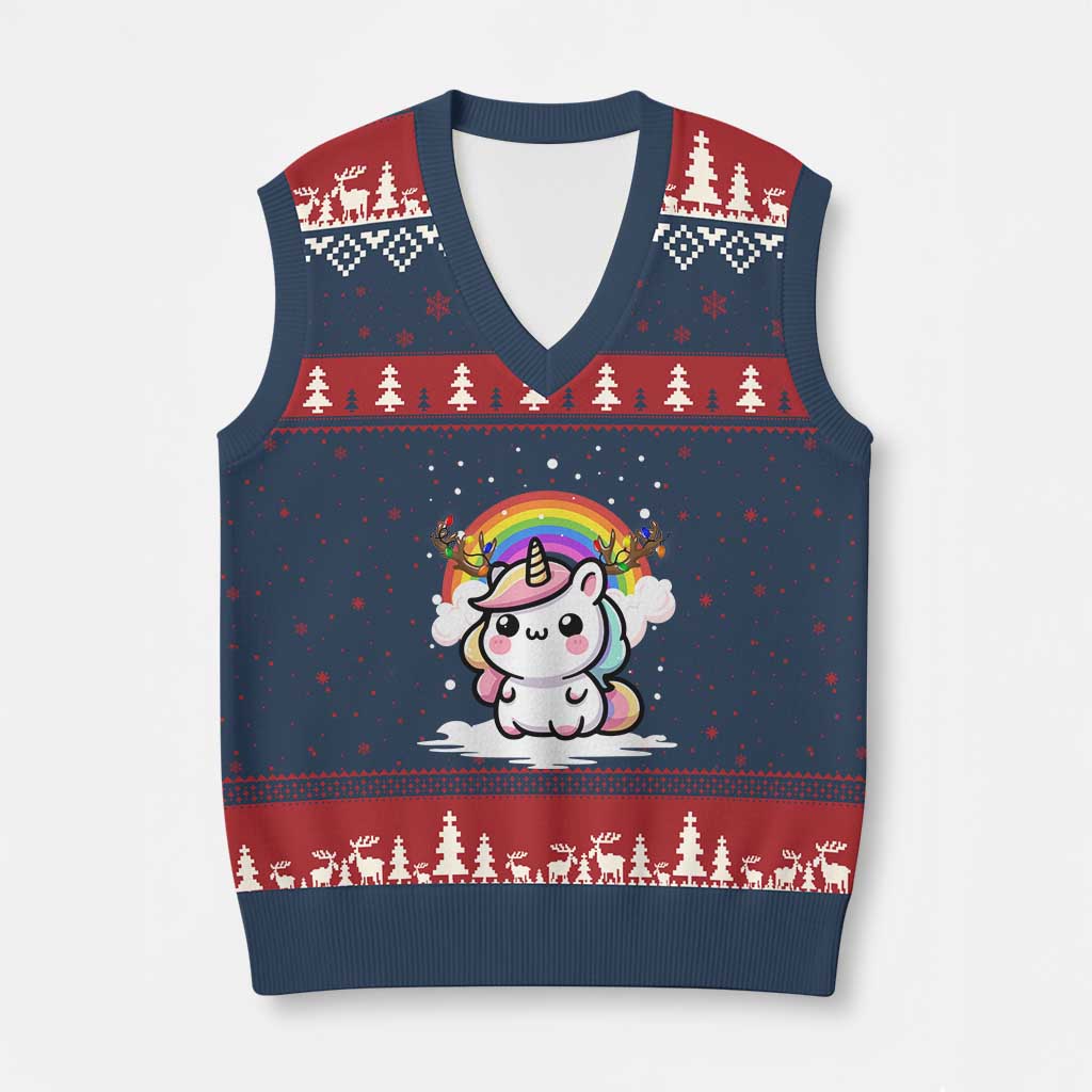Unicorn Xmas V-Neck Knit Sweater Vest Cute Xmas Girls Rainbow - Wonder Print Shop