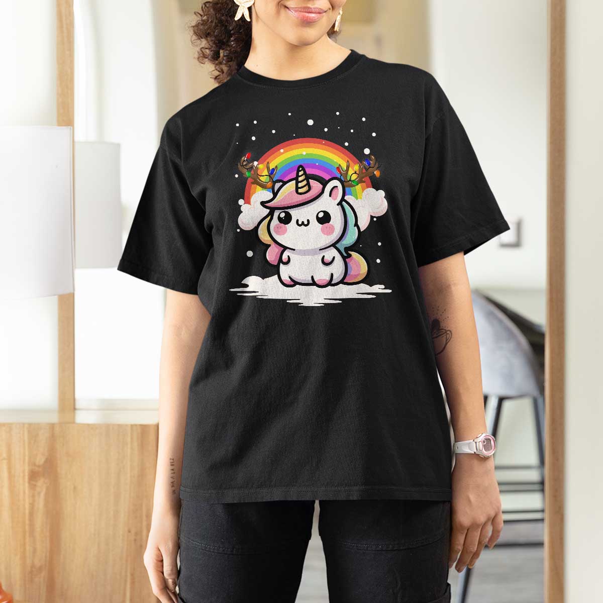 Unicorn Christmas T Shirt For Women Cute Xmas Girls Rainbow - Wonder Print Shop