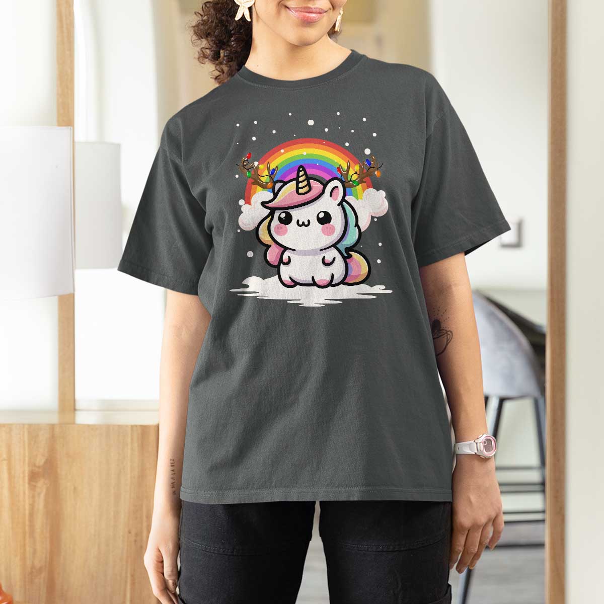 Unicorn Christmas T Shirt For Women Cute Xmas Girls Rainbow - Wonder Print Shop