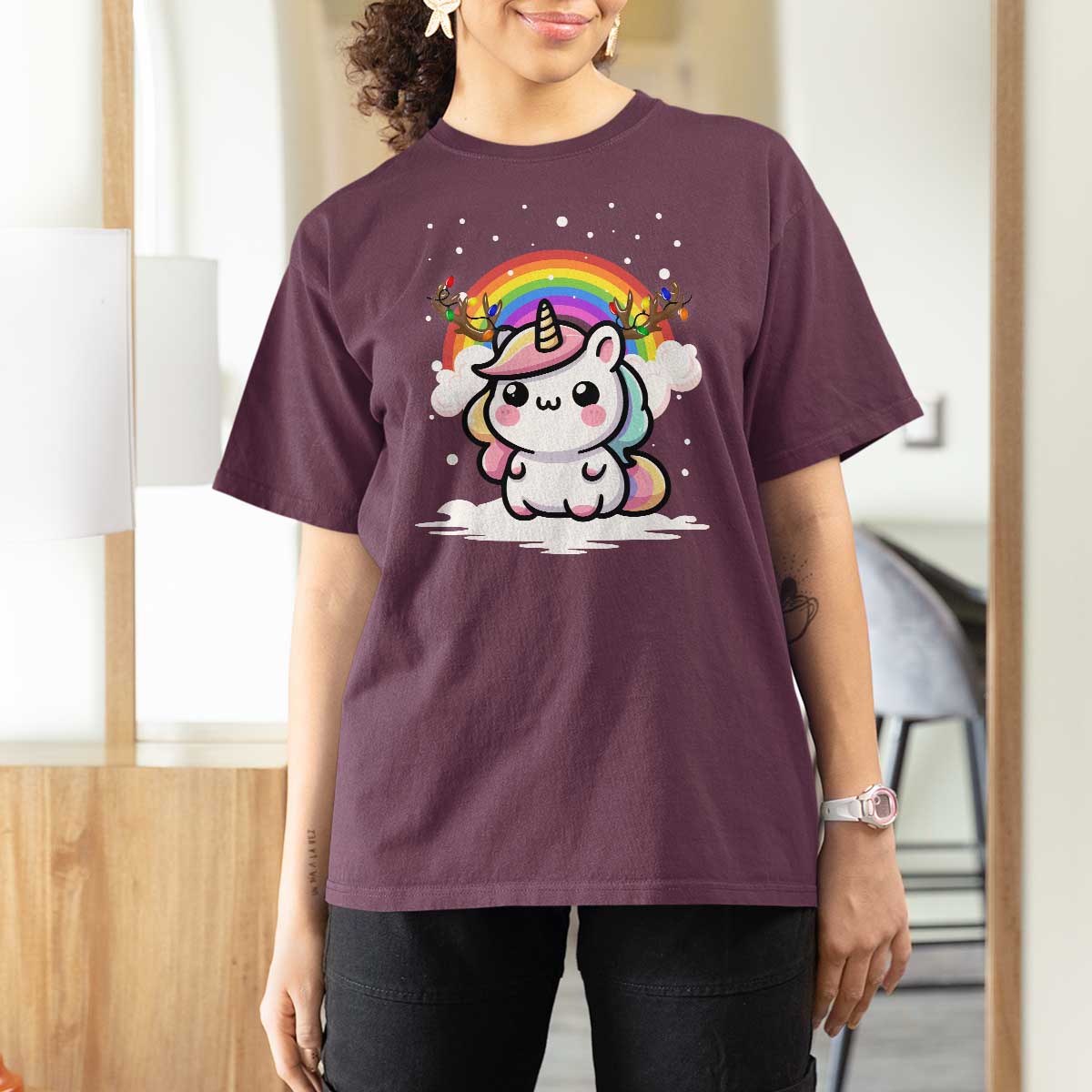 Unicorn Christmas T Shirt For Women Cute Xmas Girls Rainbow - Wonder Print Shop