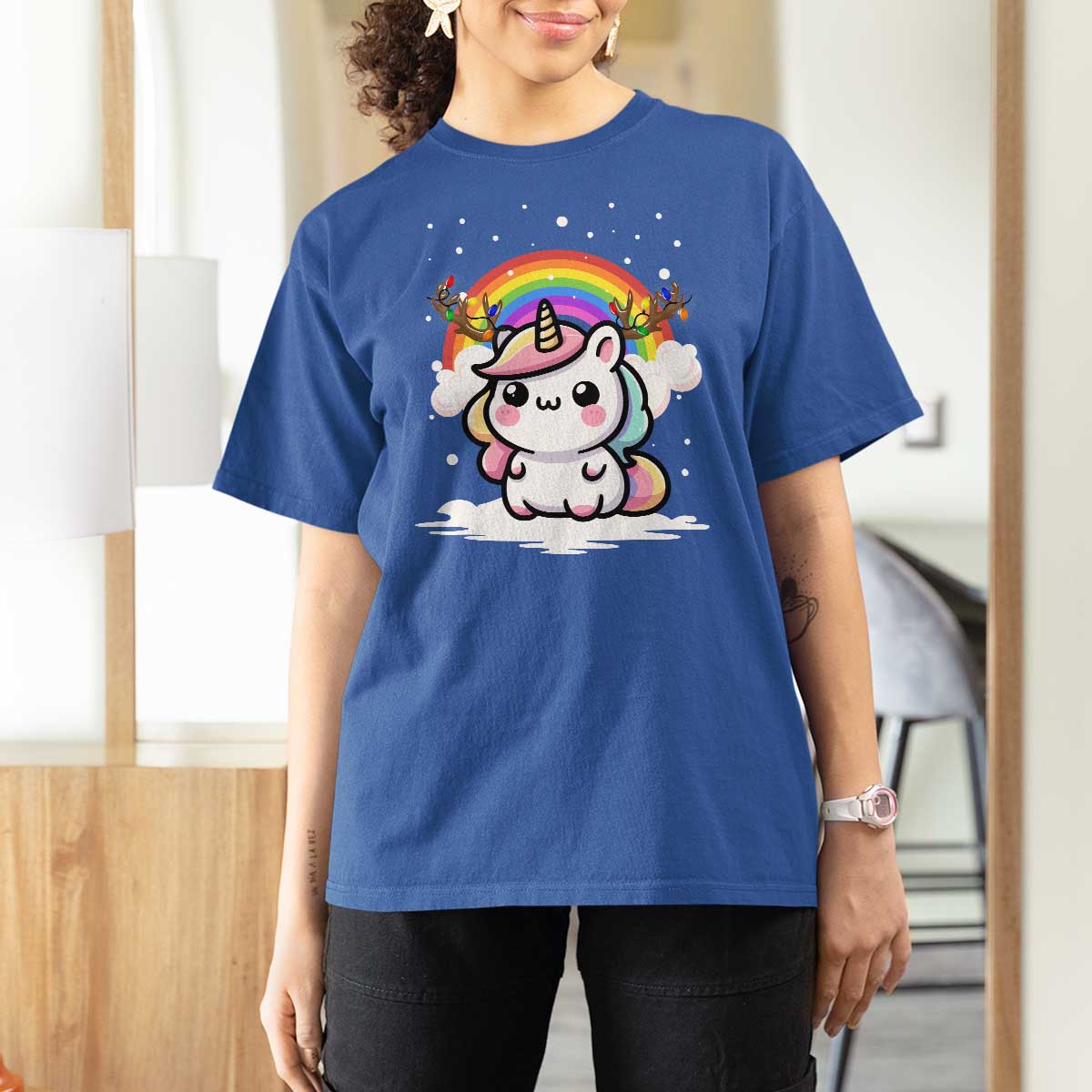 Unicorn Christmas T Shirt For Women Cute Xmas Girls Rainbow - Wonder Print Shop