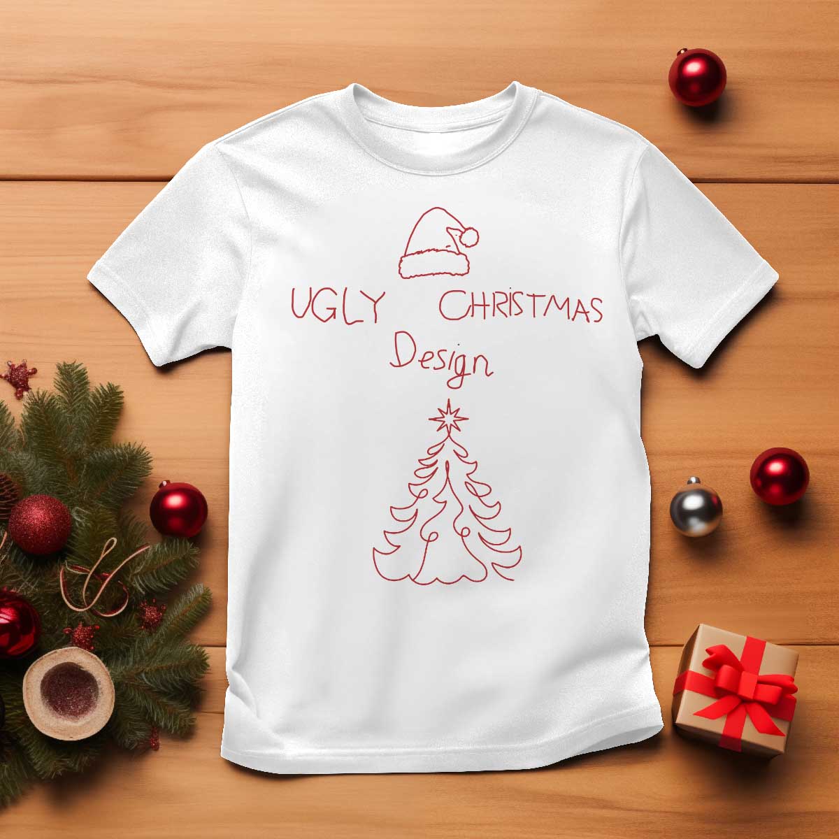 Funny Christmas T Shirt Ugly Tree Hand Drawn - Wonder Print Shop